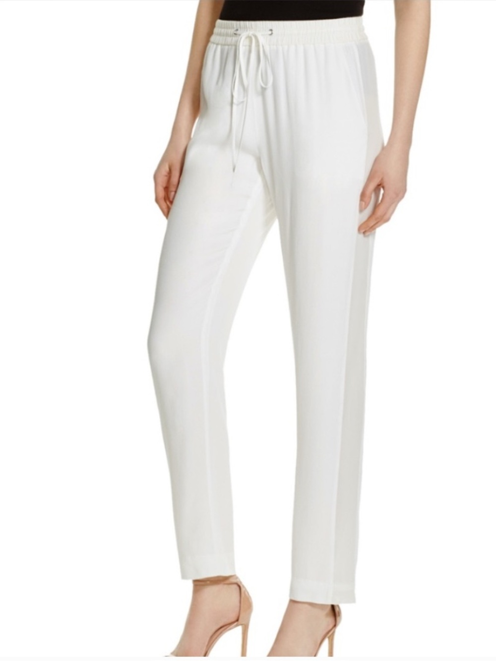 $220 Chelsea and Walker Silk White Drawstring Straight-Leg Women's Pants